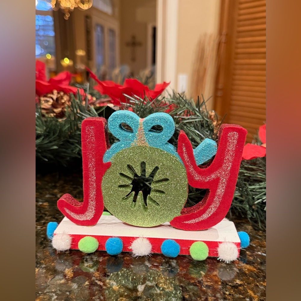 Glittery "JOY" Tabletop Christmas Sign – Bright Red, Green & Blue Holiday Decor